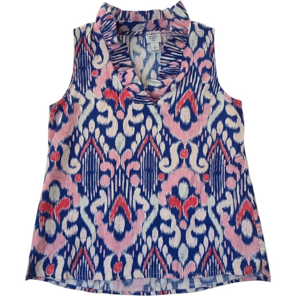 Crown & Ivy Kids Girls Pink Blue Ikat Ruffle Neck Linen Blend Sleeveless Top L